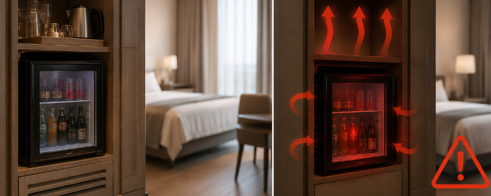 Установленый в нишу в номере отеля мини-бар с вентиляцией и без вентиляции