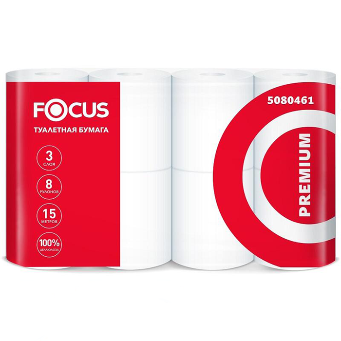 Бумага туалетная Focus Premium 3-слойная белая (7 упаковок х 8 рулонов)