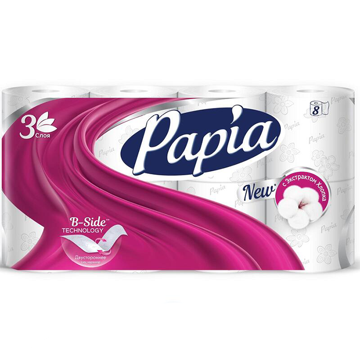 Бумага туалетная Papia 3-слойная белая (7 упаковок х 8 рулонов)