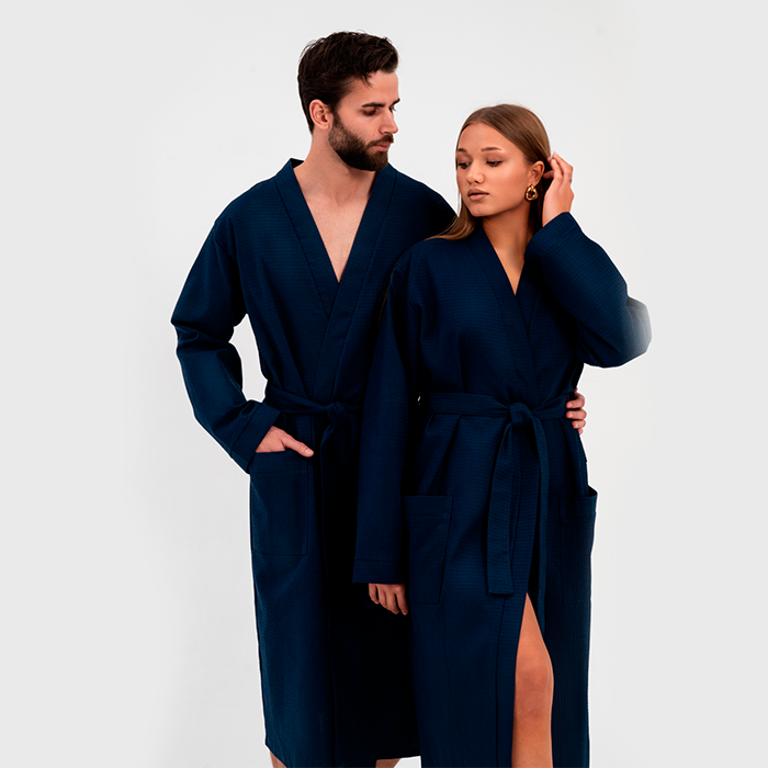 Халат вафельный унисекс темно-синий 225  г/м²