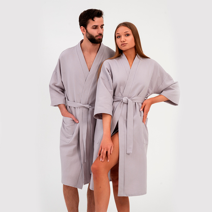 Халат вафельный унисекс кимоно серый 250  г/м²