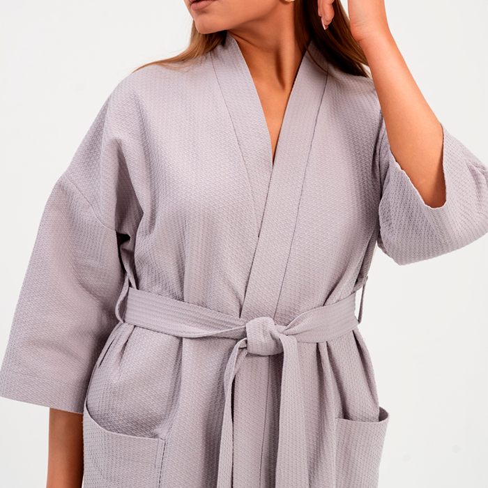 Халат вафельный унисекс кимоно серый 250  г/м²