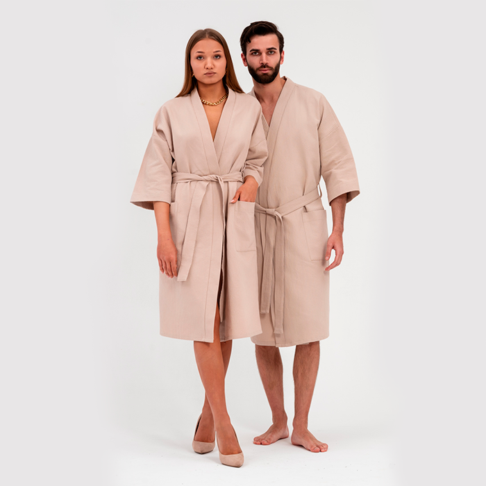 Халат вафельный унисекс кимоно бежевый 250  г/м²