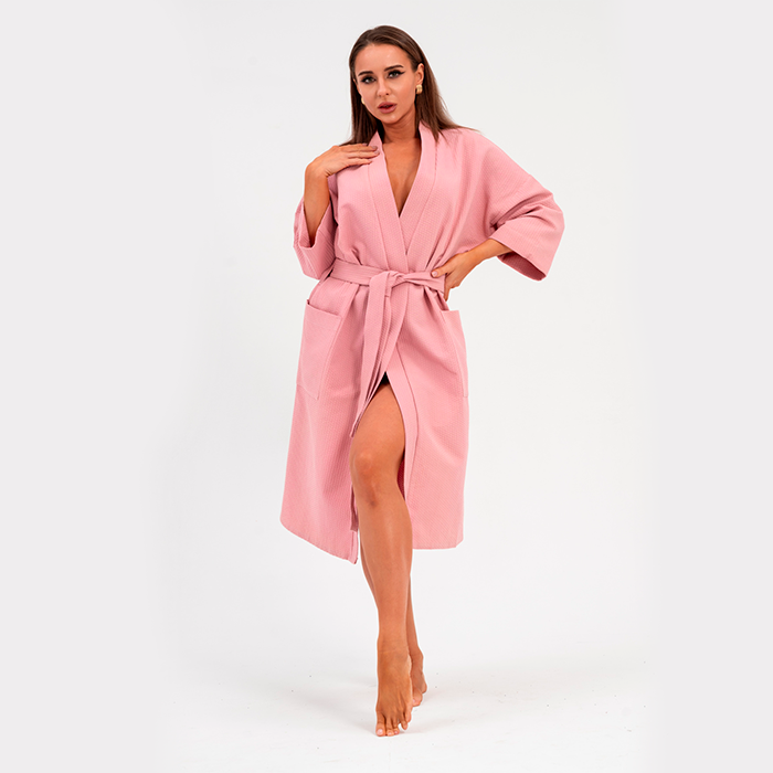 Халат вафельный унисекс кимоно розовый 250 г/м²