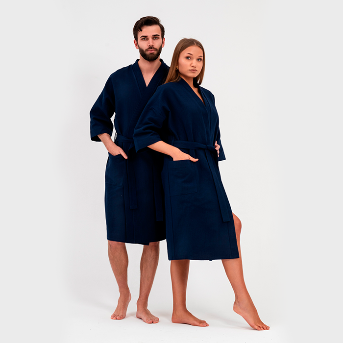 Халат вафельный унисекс кимоно темно-синий 250 г/м²