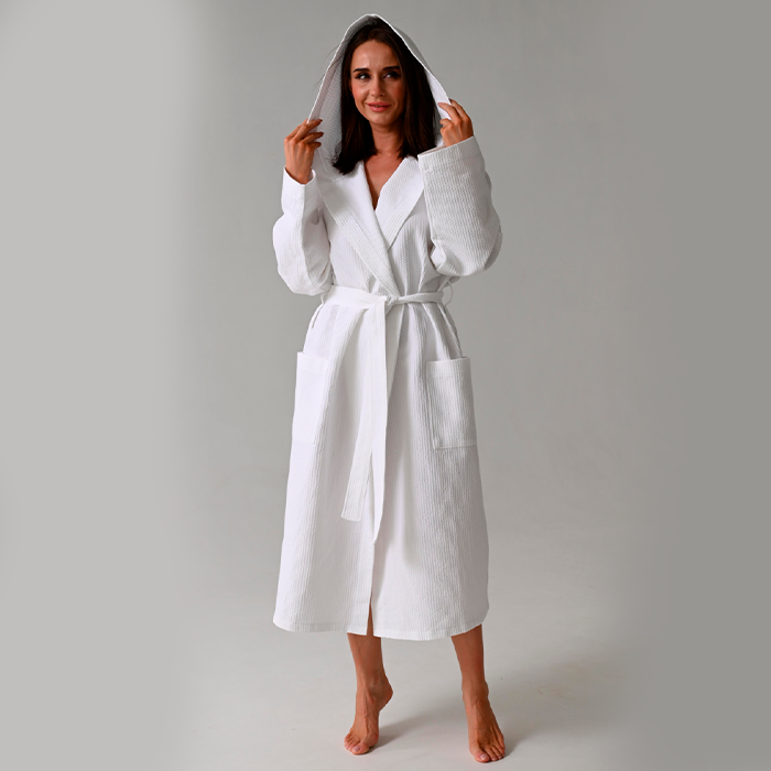 Халат вафельный с капюшоном белый 225 г/м²