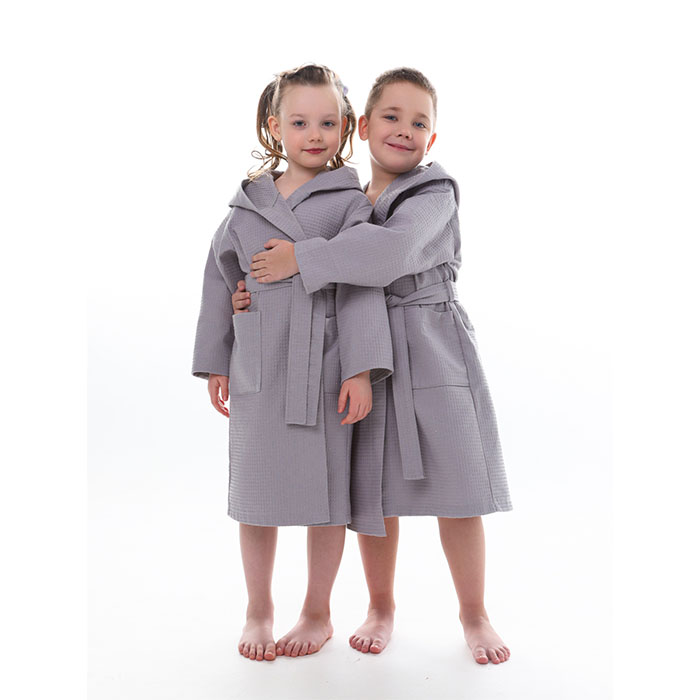 Халат детский вафельный унисекс серый с капюшоном 225 г/м²