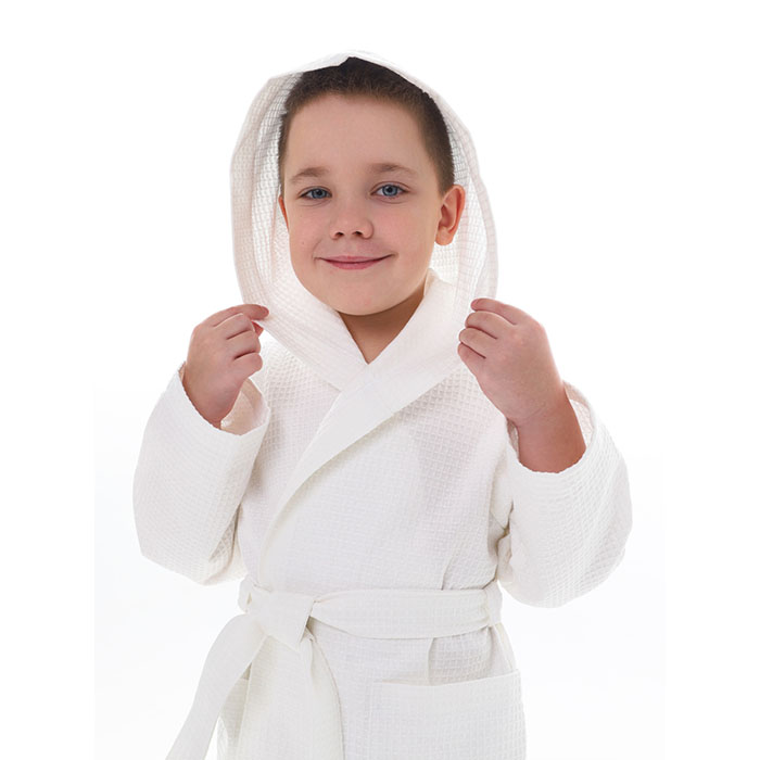 Халат детский вафельный унисекс белый с капюшоном 225 г/м²