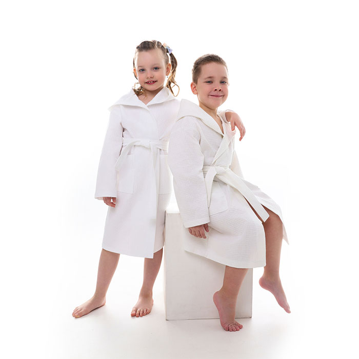 Халат детский вафельный унисекс белый с капюшоном 225 г/м²